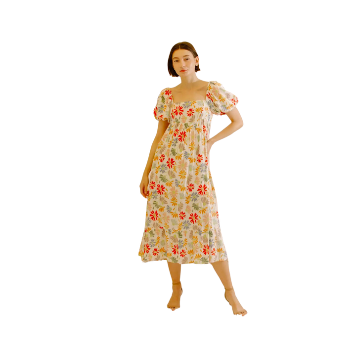 Multi Color Daisies Baby Doll Midi Dress