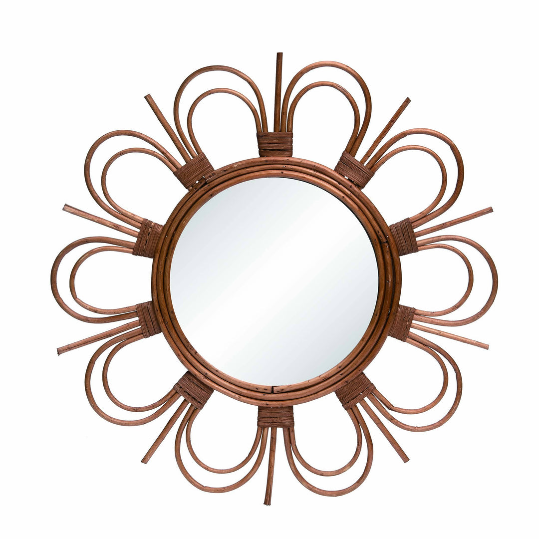 Wood 20" Brown Spring Rattan Daisy Mirror