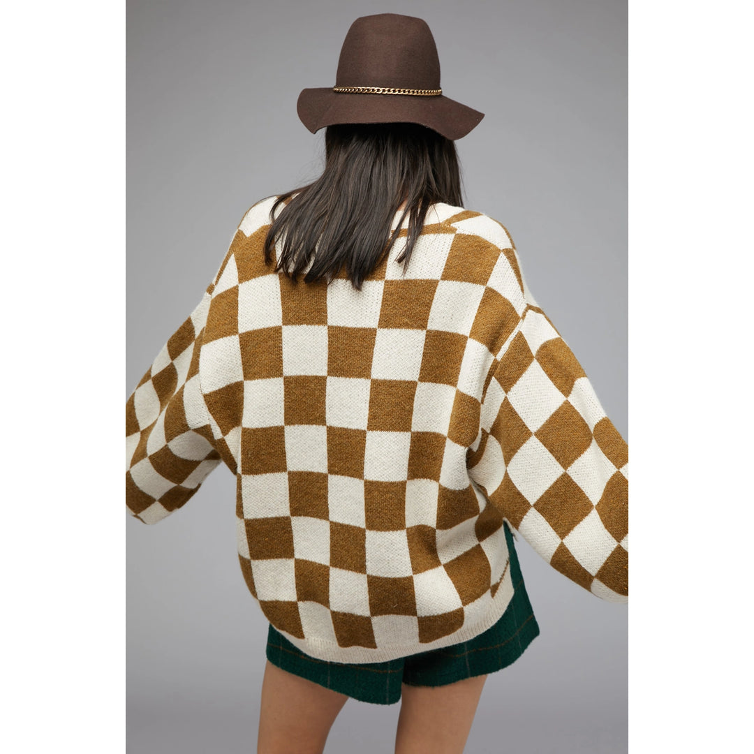 Checker V Neck Sweater Top Mocha