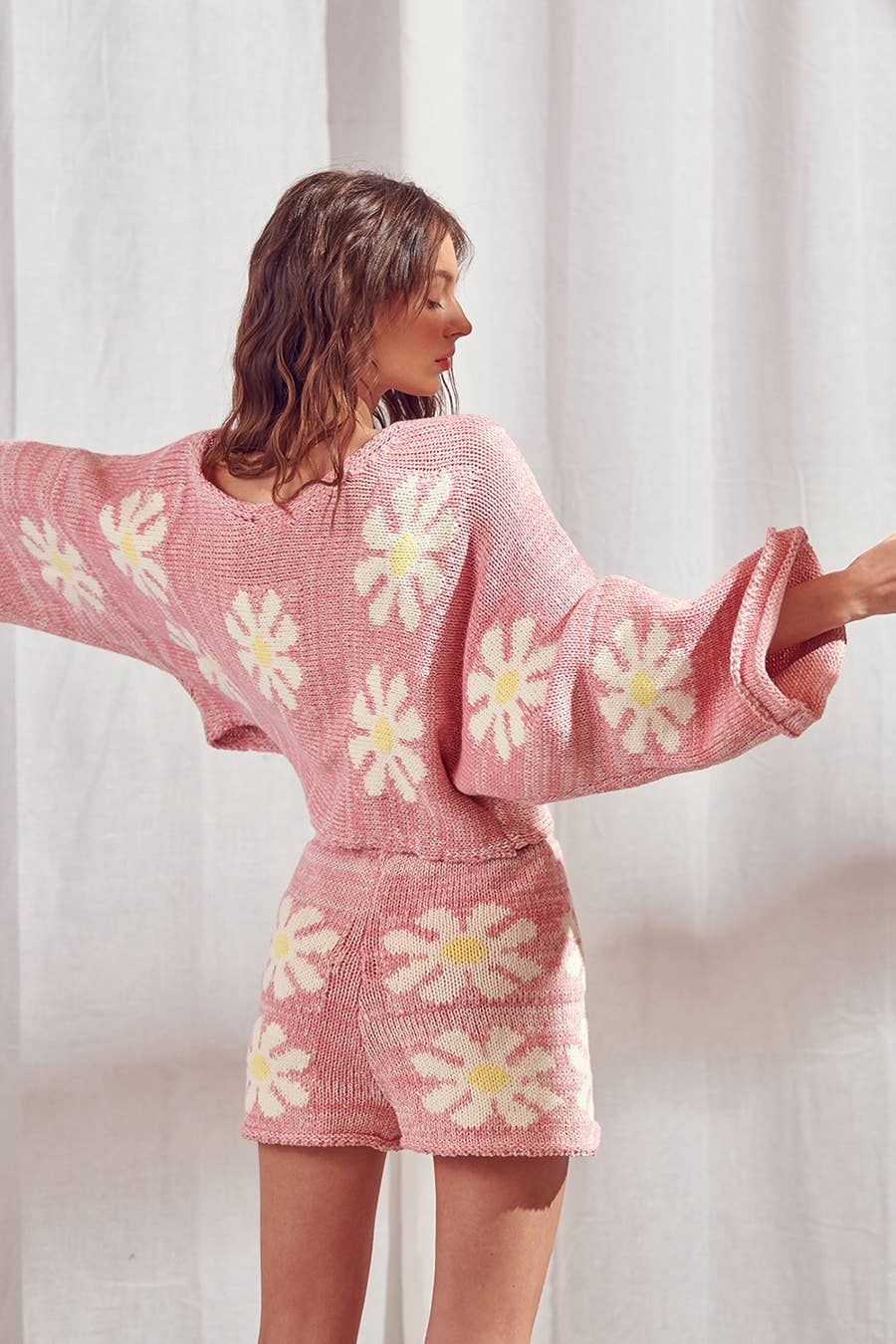 Pink Oversized Boat Neck Cropped Daisy Flower Power Sweater