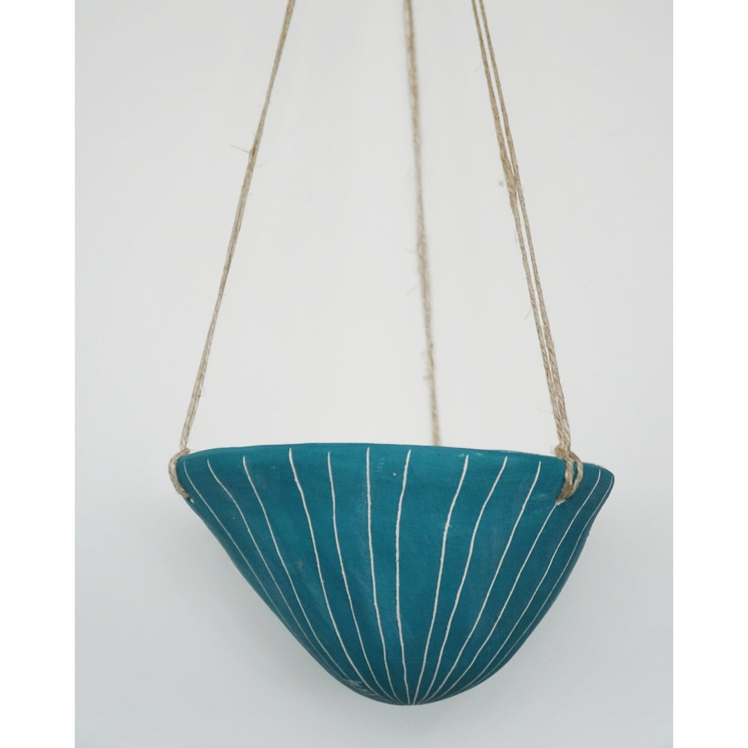 Vertical Lines Hanging Planter - Teal & White