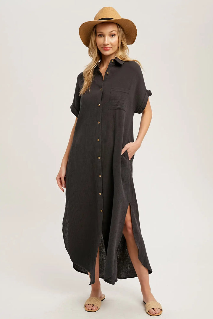 Button Up Maxi Shirt Dress - Ash