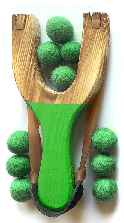 Wooden Slingshot with Rainbow Felt Balls