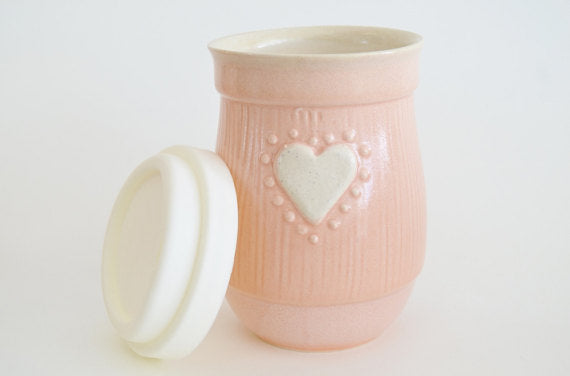 Ceramic Travel Mug with Lid- Pink with Heart- 16oz