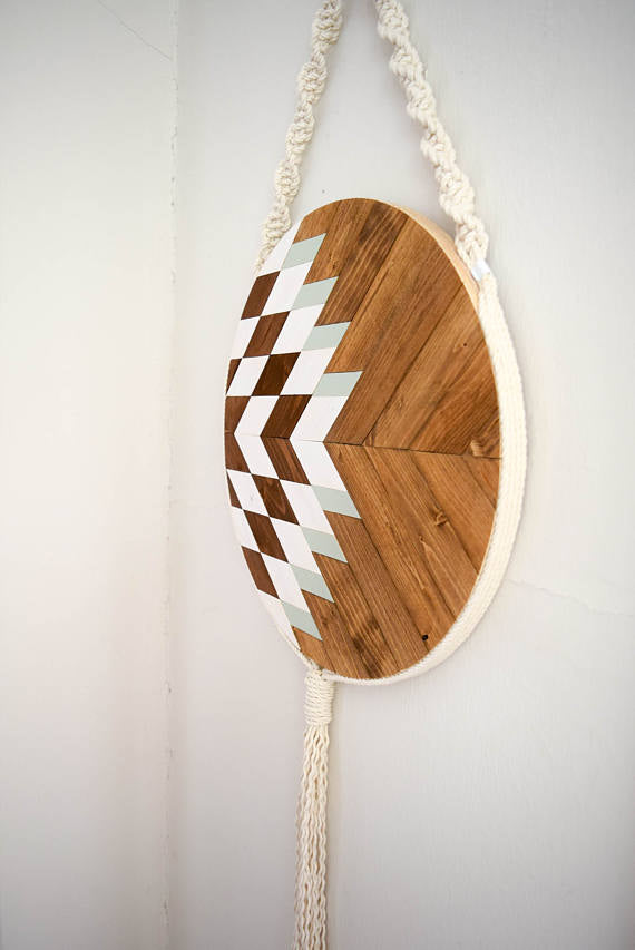 Wood and Macrame Wall Hanging with White/Teal -   // by Roaming Roots Studio