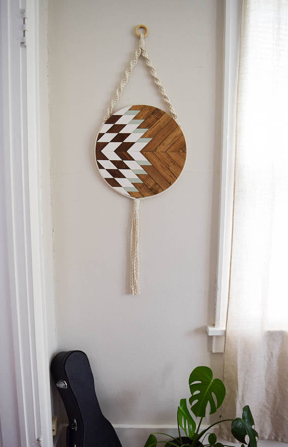 Wood and Macrame Wall Hanging with White/Teal -   // by Roaming Roots Studio