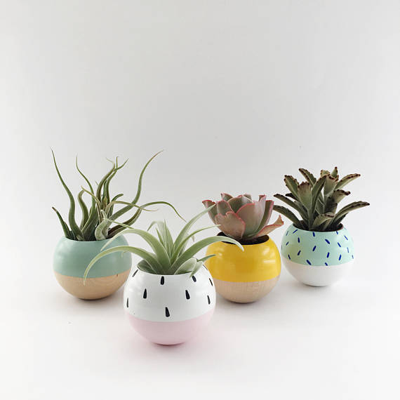 Mini Sphere Planter- Yellow + Wood