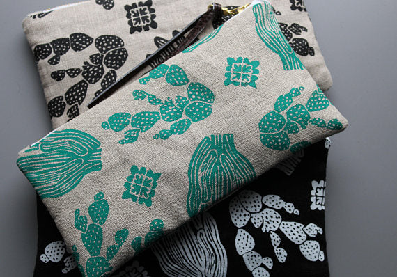 Green Cactus Linen Pouch- Large