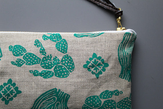 Green Cactus Linen Pouch- Large