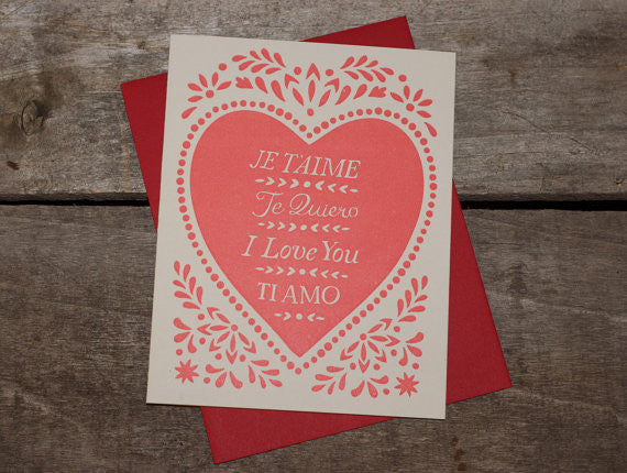 Handprinted letterpress Je T'aime Greeting Card