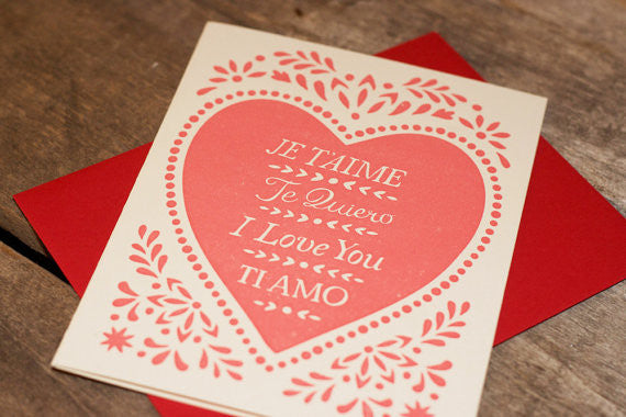 Handprinted letterpress Je T'aime Greeting Card