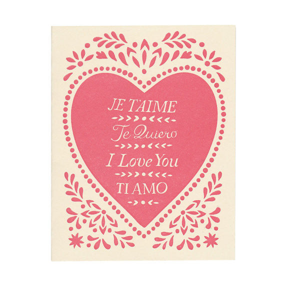 Handprinted letterpress Je T'aime Greeting Card