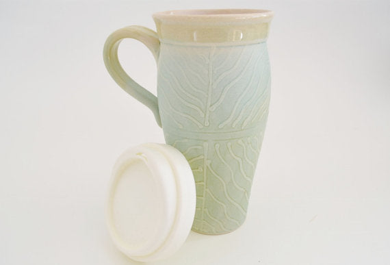 Ceramic Travel Mug with Lid and Handle- Light Turquoise with Wavy Lines