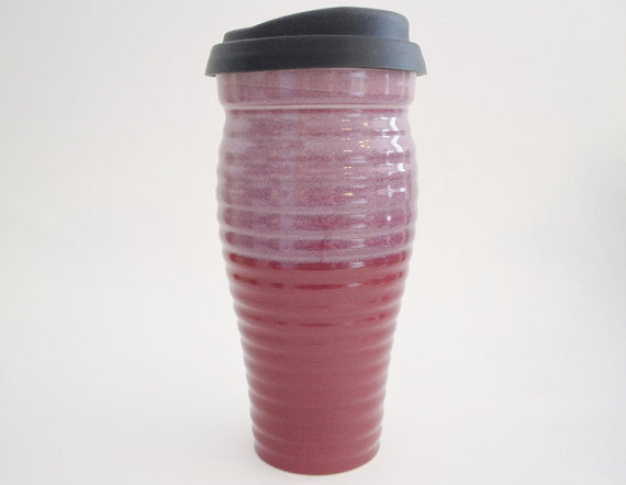 Ceramic Travel Mug with Lid - Pink and Mauve Ribbed