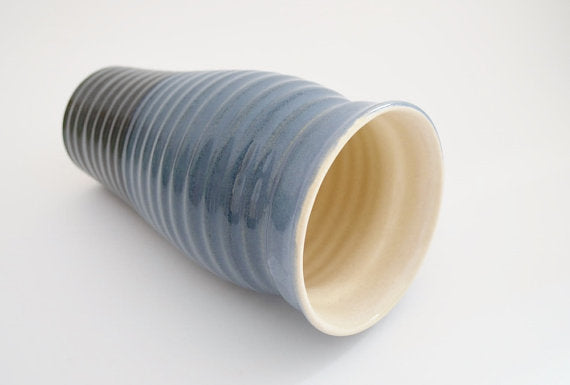 Ceramic Travel Mug with Lid- Ribbed Blue and Dark Blue