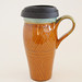 Ceramic Travel Mug with Lid and Handle- Brown and Green with Lines and Dots