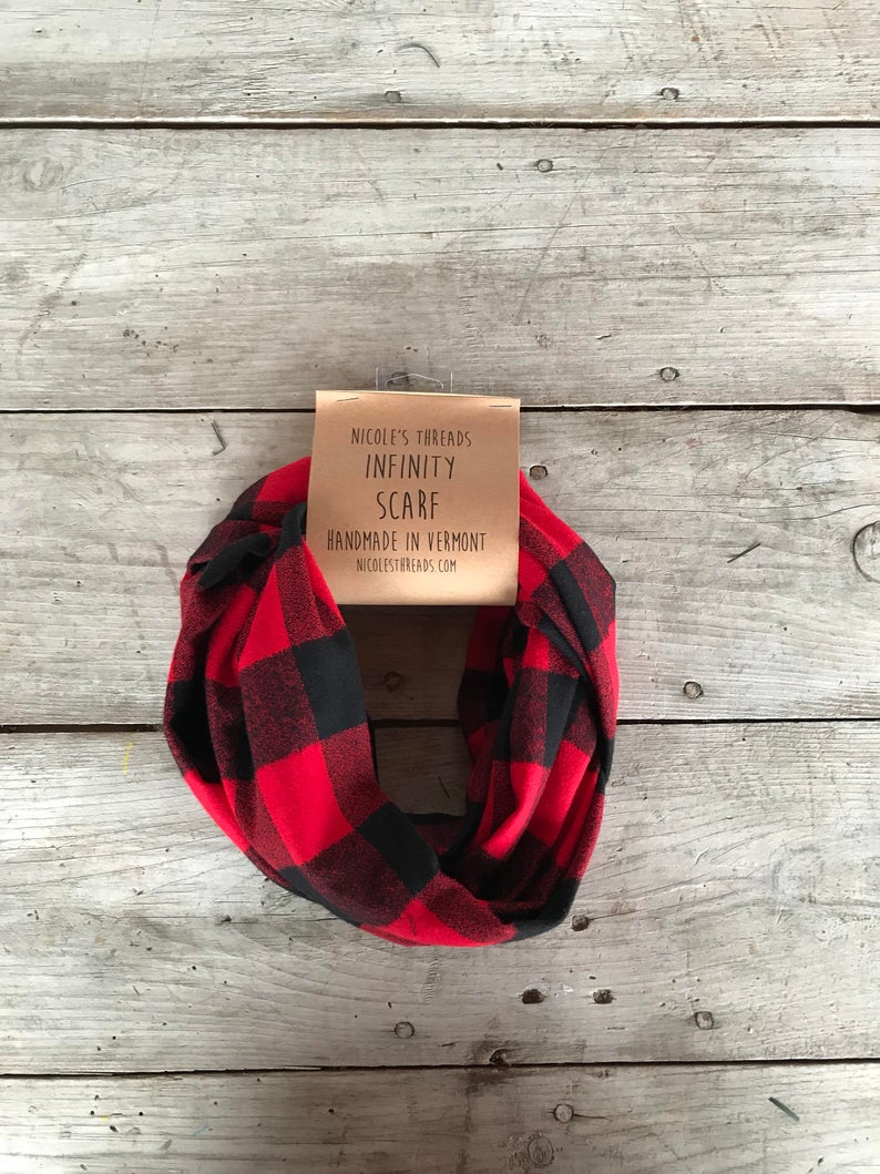 Plaid Flannel Infinity Scarf - Large Buffalo Check Red