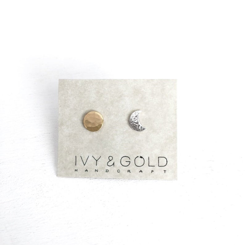 Sun and Moon Stud Earrings - Sterling Silver/Yellow Gold
