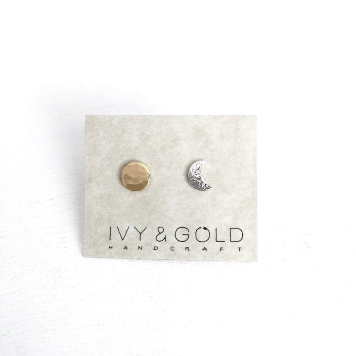 Sun and Moon Stud Earrings - Sterling Silver/Yellow Gold