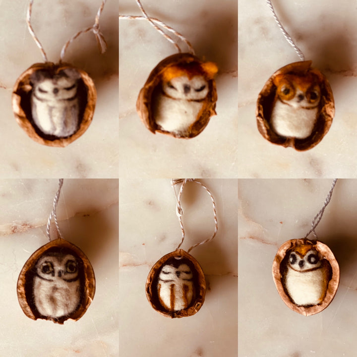 Felted Bird  In Nutshell Ornament-Assorted Owls