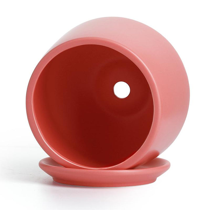 5.1" Matte Coral Porcelain Planter with Saucer
