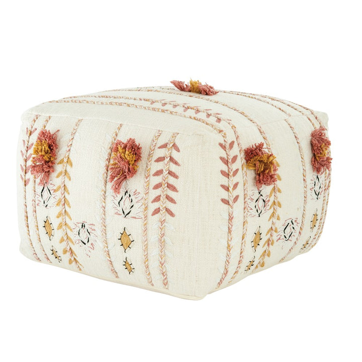 Cream Gold and Pink Square Cotton Embroidered Pouf with Applique & Fringe