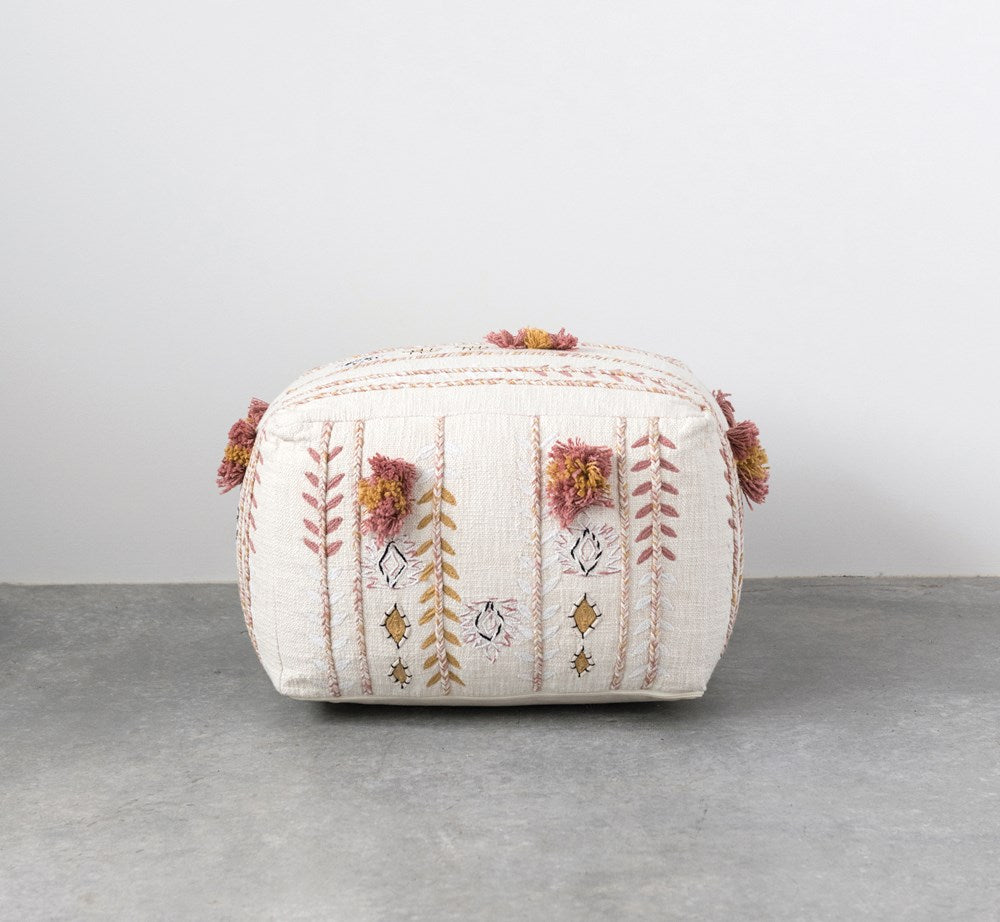Cream Gold and Pink Square Cotton Embroidered Pouf with Applique & Fringe