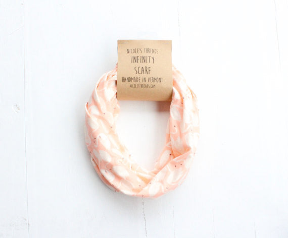 Organic Cotton Infinity Scarf - Coral Pink Swan Pattern