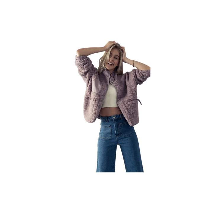Stand Collar Zip Pocket Button Fleece Crop Jacket