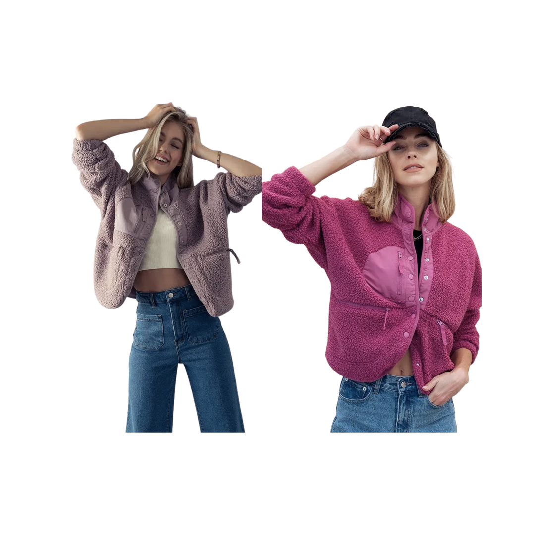 Stand Collar Zip Pocket Button Fleece Crop Jacket